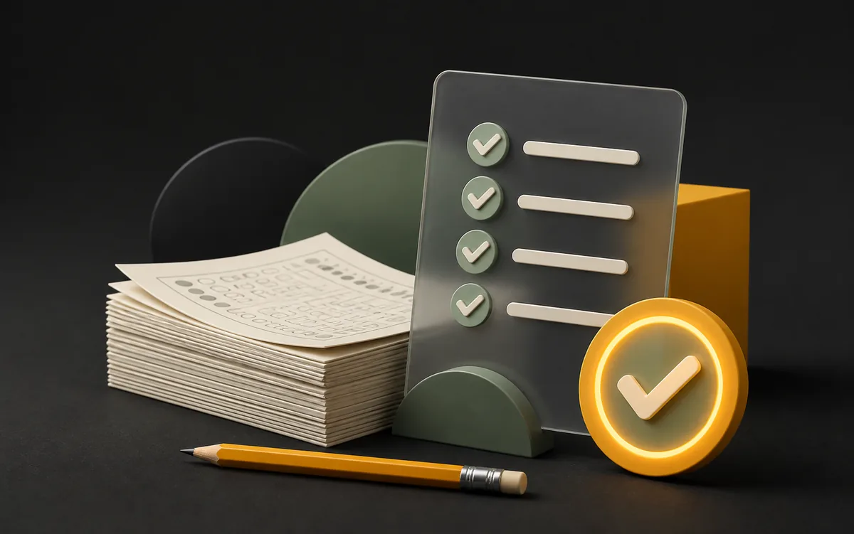 Abstract assessment checklist, answer sheets, and completion mark