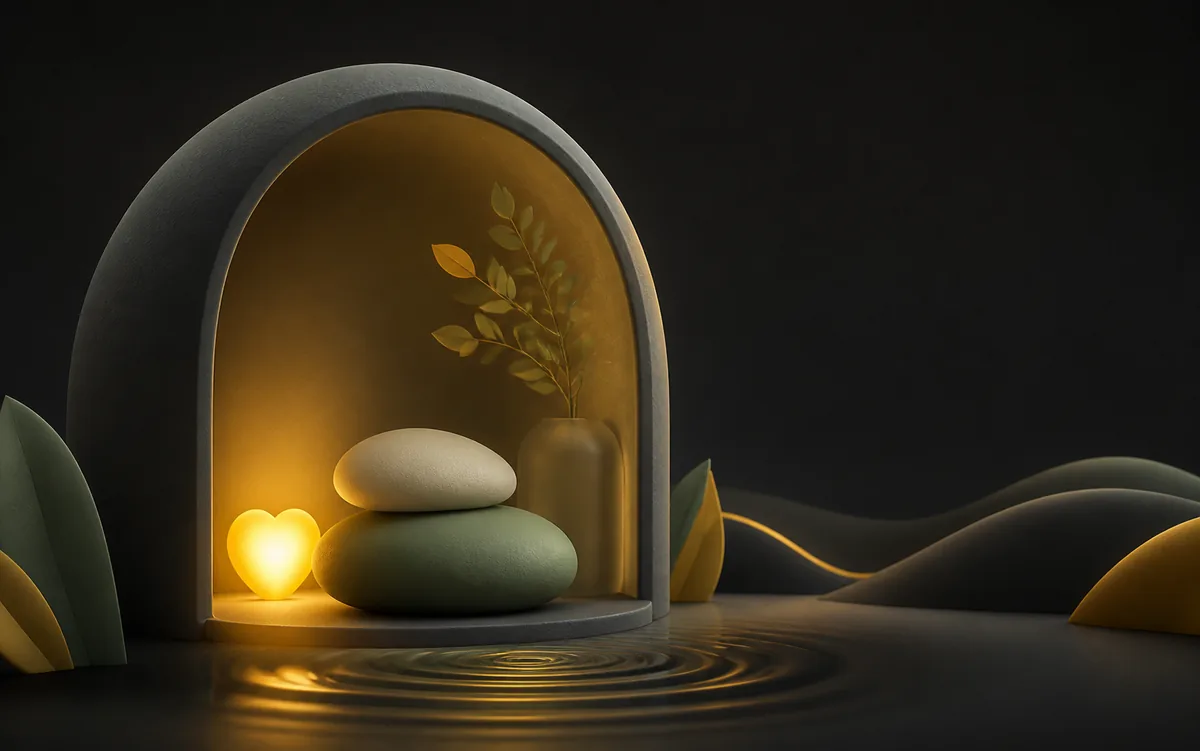 Abstract calm wellness alcove with a glowing heart