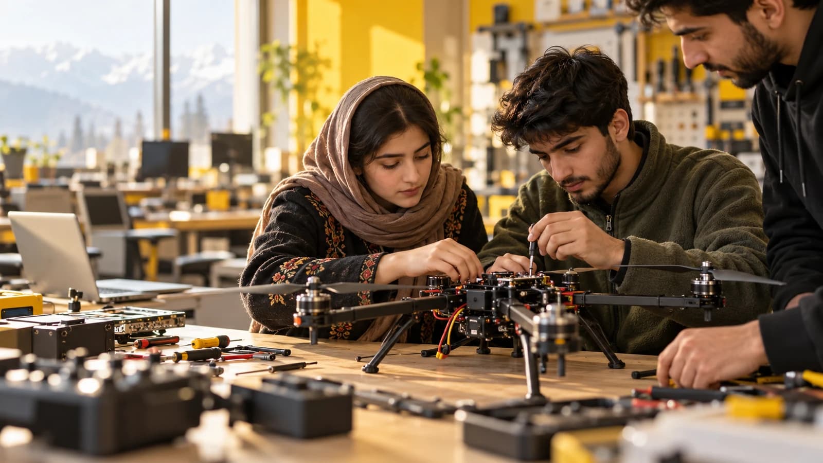 A Koshur Scientist mentor demonstrating a drone-making project