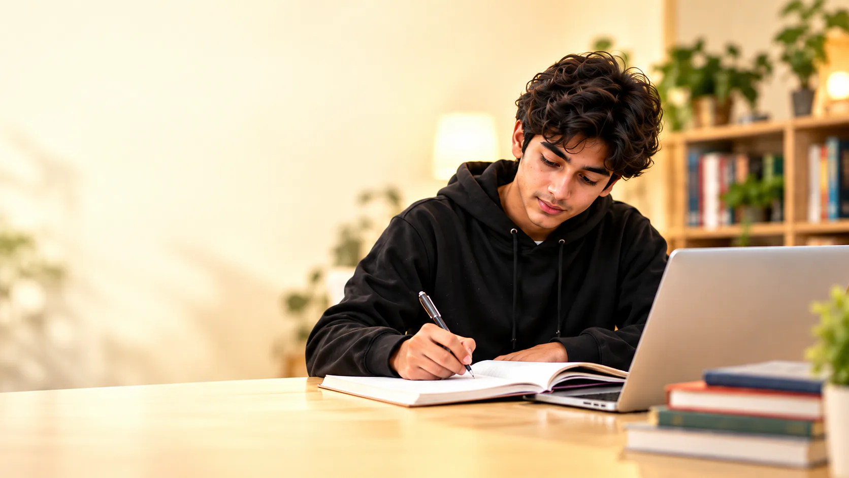A student studying beside his laptop