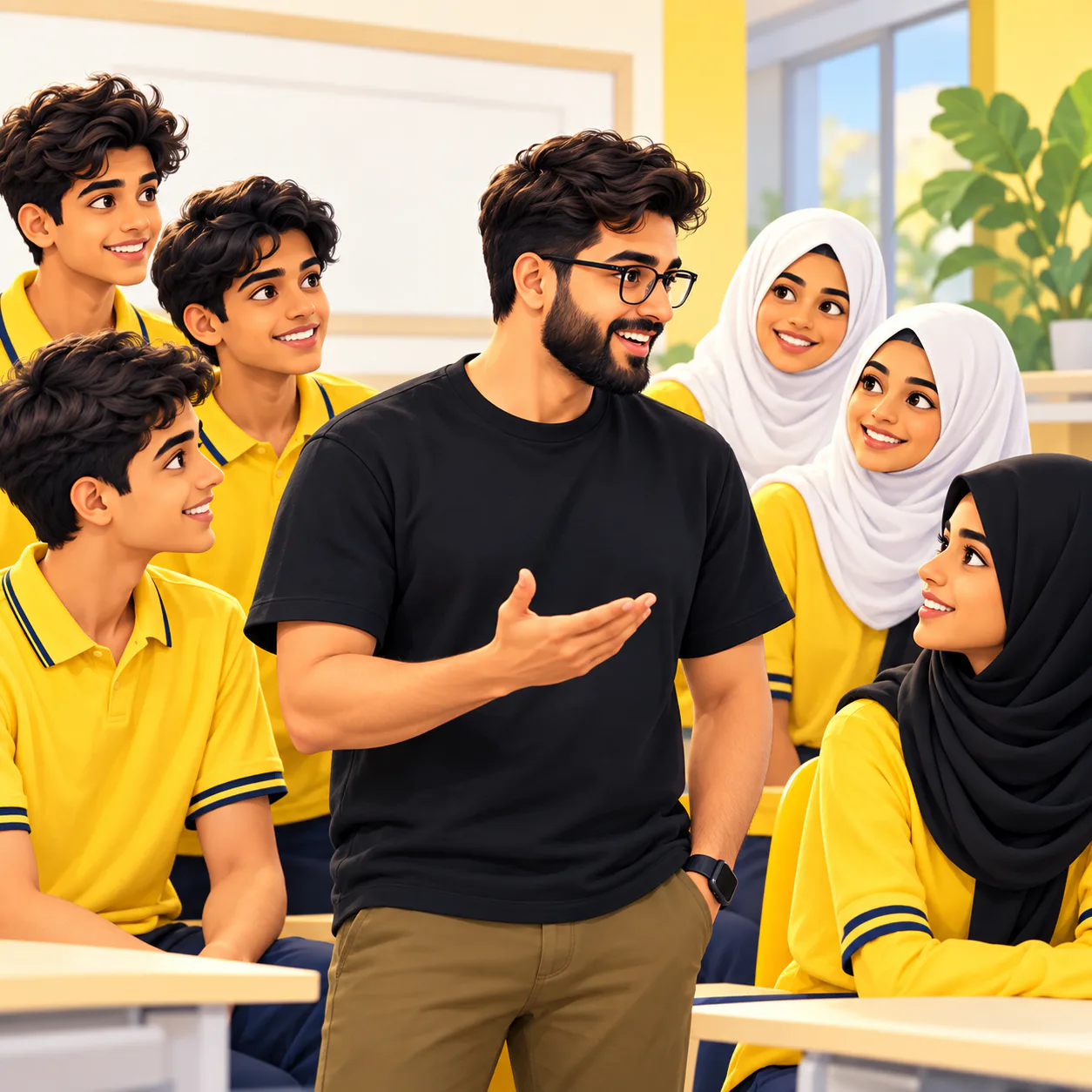 An educator guiding a diverse group of students