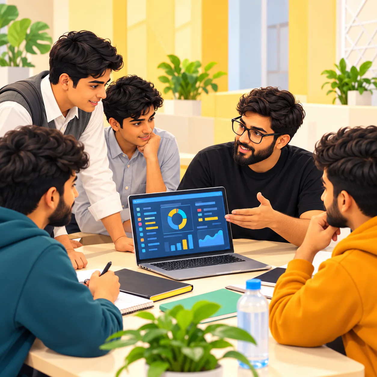A mentor reviewing a project dashboard with students