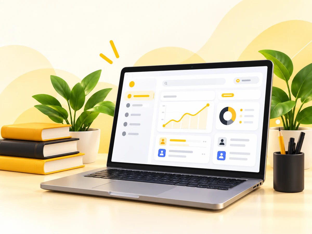 Learning management dashboard on a laptop beside books and plants