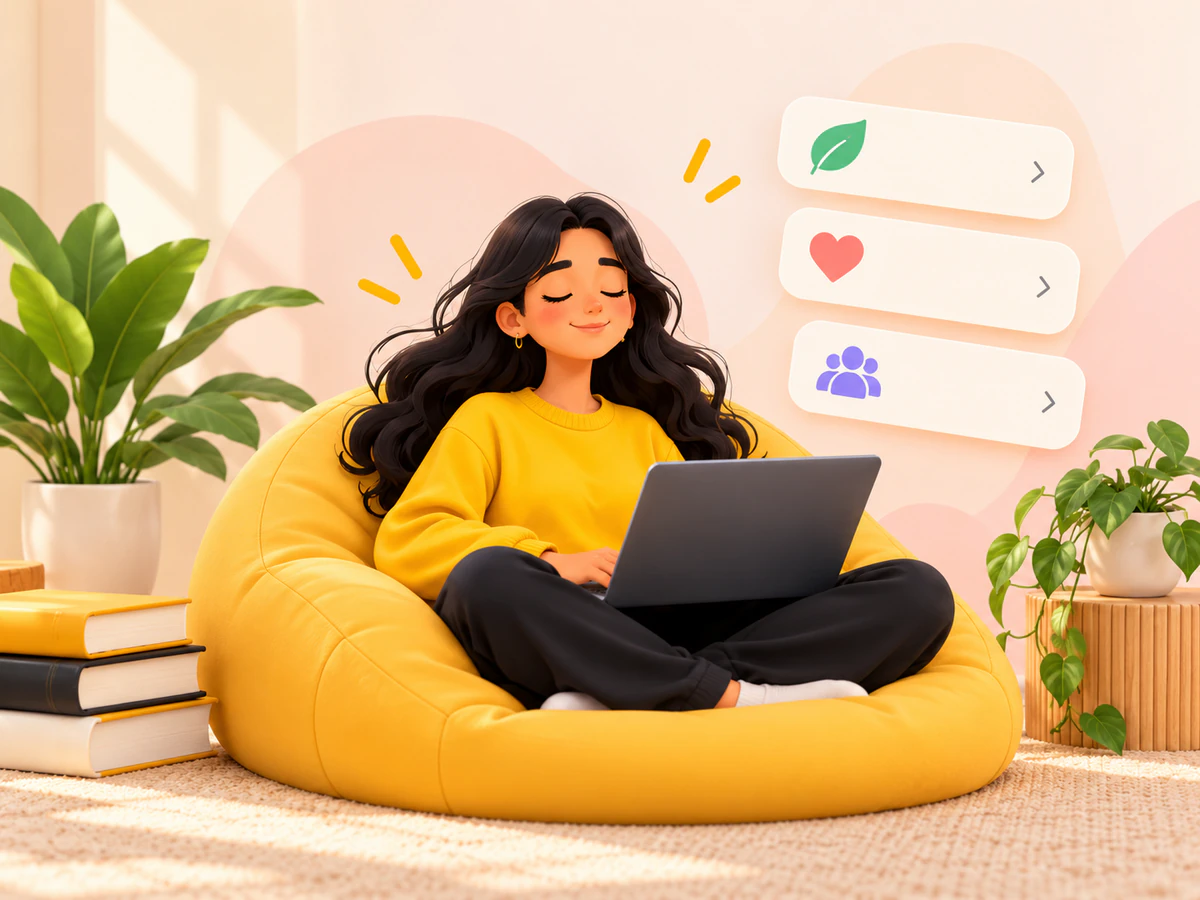 Student using a laptop in a calm well-being space
